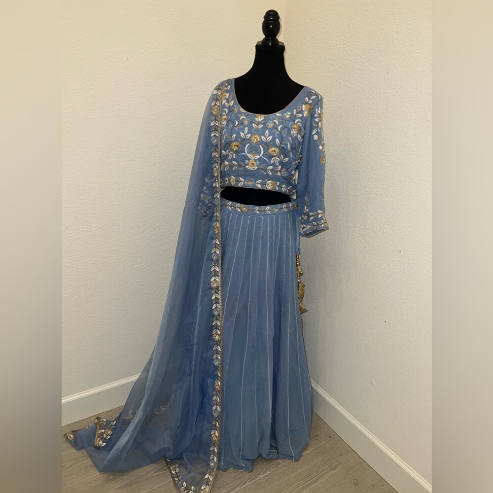 Beautiful custom hand embroidery ice blue lengha